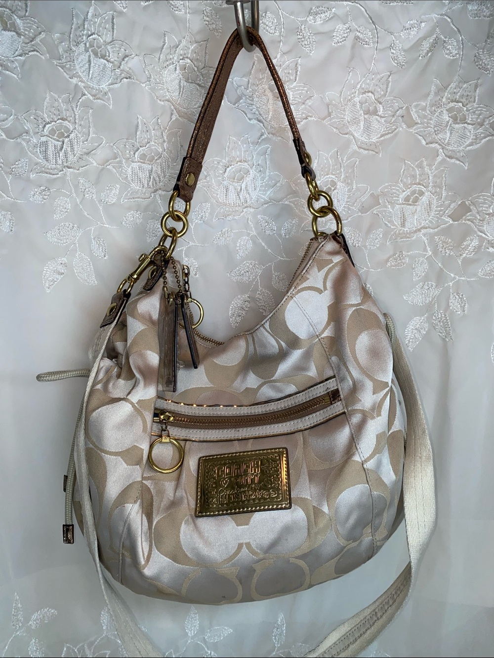 Coach F15319 Poppy Champagne and Tan Signature Hobo Bag